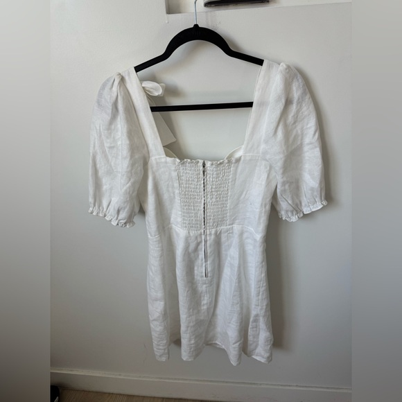 Reformation White Linen Puff Sleeve Mini Dress Size 6 Tie Shoulder Bustier $248 - Picture 5 of 8